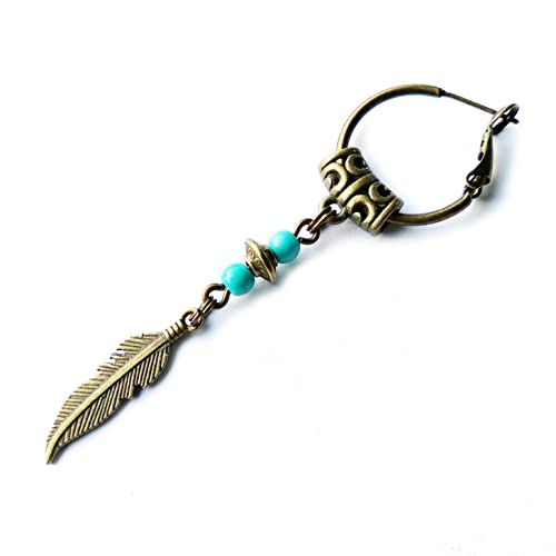 Native American Indian Bronze and Turquoise Feather Earring
