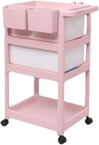 Hueyaus収納カート キャスター付き ベビー用品収納ラック 3/4段 多機能 オムツ収納 ベビーワゴン フック付き 引き出し付き 移動式 取っ手 小物収納 キッチンワゴン おしゃれ 3色 (ピンク,3層)