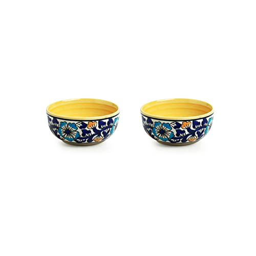 Image of ExclusiveLane 'Badamwari Bagheecha' Ceramic Dinner Plate and Bowl Set (3 Pieces, Serving for 1)|Ceramic Serving Bowls Ceramic Bowl Set Serving Bowl Set Ceramic Bowls Plate