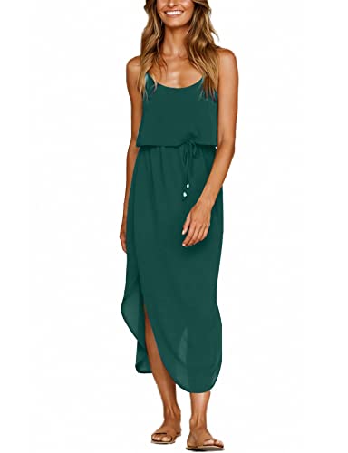 NERLEROLIAN Women's Adjustable Strappy Split Summer Beach Casual Midi Dress Dark Green