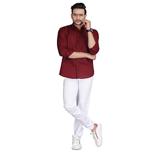 Image of Men's Solid Slim Fit Cotton Casual Shirt with Spread Collar & Full Sleeves