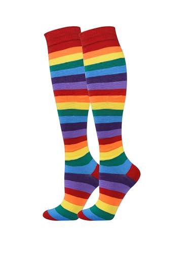 Moketiere Rainbow knee socks Women Striped Thigh High Stockings Colorful Cosplay Socks for Halloween Xmas Girls