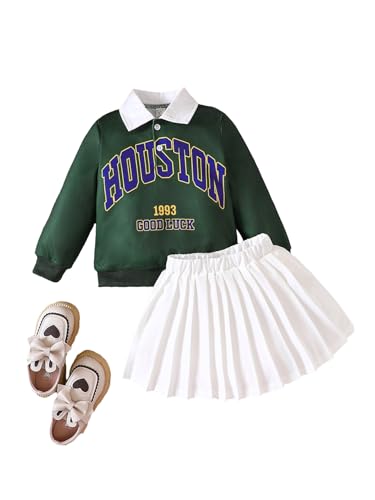 Image of Floerns Toddler Girls 2 Piece Outfit Colorblock Letter Graphic Collared Sweatshirt and Pleated Skirt Set Green and White 6Y