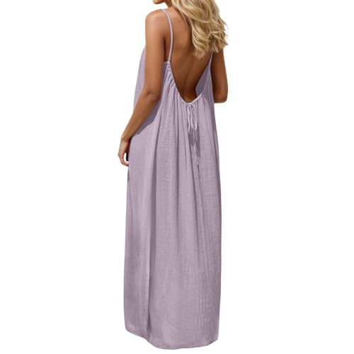Vestidos de tirantes sin espalda para mujer 2026, vestidos de playa bohemios veraniegos con espalda abierta, elegantes vestidos casuales de línea A con escote profundo y lazos en la espalda, C lila