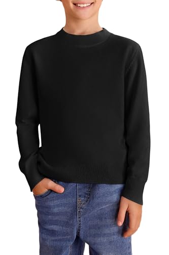 Haloumoning Jersey de punto para niños con cuello redondo y manga larga, suéter suave y ligero básico de un solo color, sudadera casual, Negro , 13-14 años