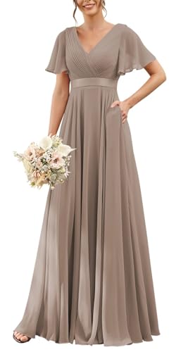 HPPEE Robe de demoiselle d'honneur en mousseline de soie avec manches plissées - Robe de soirée formelle, taupe, 50 Grande taille