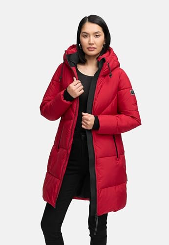 Navahoo Damen Langer Wintermantel warmer Steppmantel mit großer Kapuze und Fleece-gefütterten Kragen Kältekuschel XIV Dark Red Gr. S