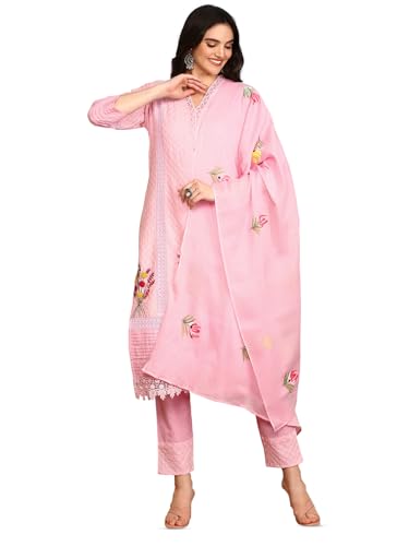 Image of ishin Pink Floral thread work V-Neck Pure Cotton Straight Kurta With Trousers & Dupatta | Kurta set for women | Kurta with trousers and dupatta