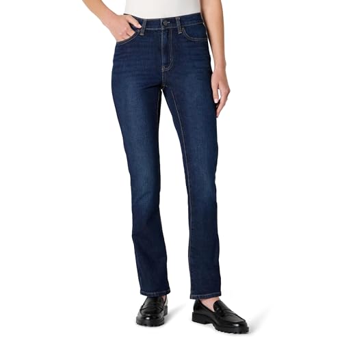 Amazon Essentials Women's Medium Stretch Slim-Fit Mid-Rise Straight Leg Jeans, Dark Wash, 10