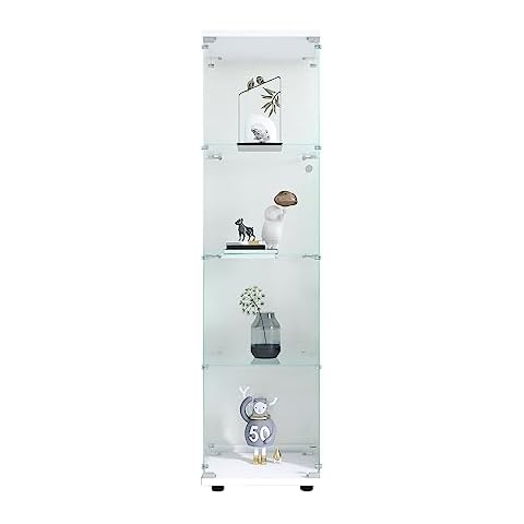 SUPPNEED Glass Display Cabinet 4 Shelves with Door, Floor Standing Curio Bookshelf for Living Room Bedroom Office, 64.7"*16.7"*14.3" White Cover