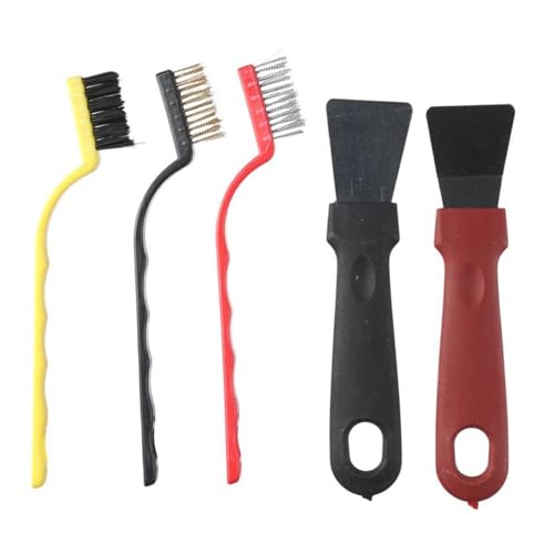 AllGIFT 5Pcs Wire Brush Set with Scraper Set - Nylon/Brass/Stainless Steel Bristles with Curved Handle Grip