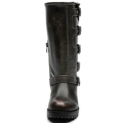 Image of GLOBALWIN Chunky Mid Calf Fashion Dressy Motocycle Biker Military Style Combat Boots for Women Low Heel
