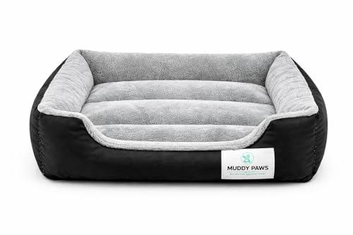 Image of MUDDY PAWS Reversible Sofa Style Dog Bed - XXXL (106 x 81 x 22 cm) - Plush Fur Surface, Removable Cushion & Anti-Skid Base - Black & Grey