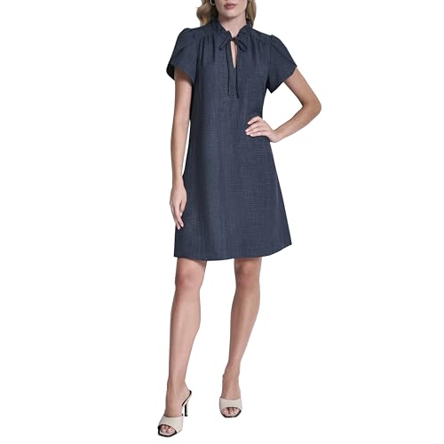 Image of DKNY Women's Front Tie Ruffle Neckline Trapeze Dress