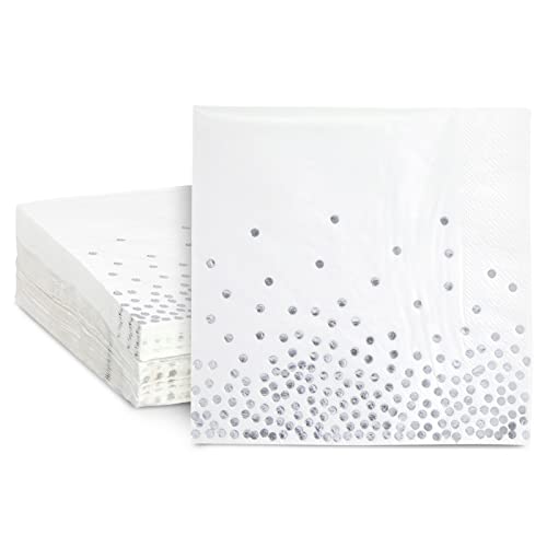 Juvale Cocktail Napkins - 50 Pack, 6.5 in, White & Silver, 3-Ply, Elegant - Silver Confetti Polka Dot Design for Wedding Anniversary Birthday Party - Disposable Sparkly Napkins