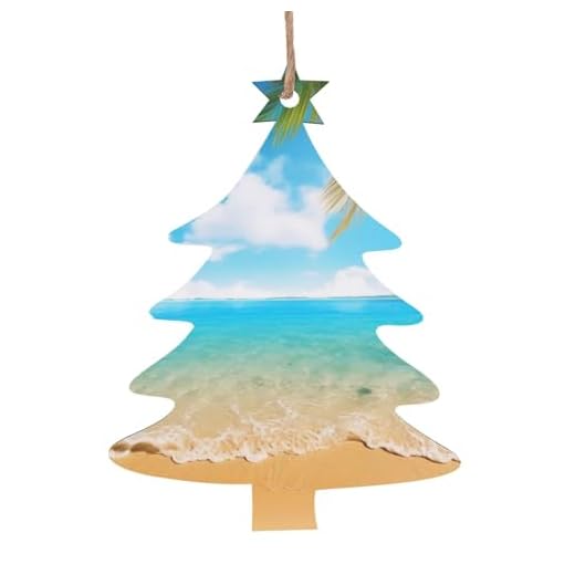 Lot de 2 décorations de Noël en bois imprimées sur le thème de la plage tropicale – Décorations de sapin de Noël en forme de sapin de Noël, étiquettes festives