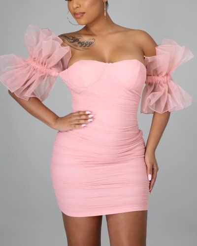 Image of hibshaby Women Sexy Bodycon Dress Puff Sleeve Cocktail Evening Party Elegant Mini Dresses