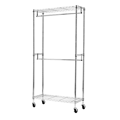 Amazon Basics Double Rod Garment Rack / Clothes Rail with Height-Adjustable Shelves - 181kg Max Weight, Chrome