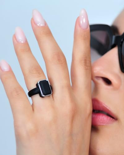 Rinfit Silicone Wedding Bands for Women, Braided Rings, Rubber Engagement Rings For Her - Emerald and Heart Ring Black/Silver, Size 72