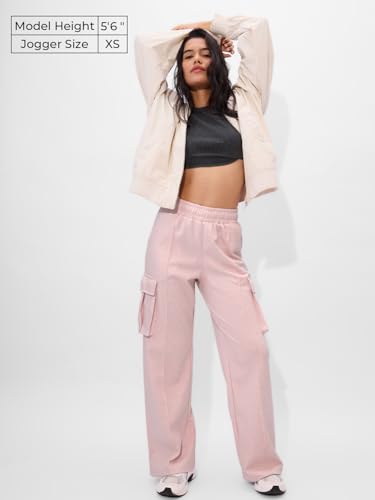 Image of The Souled Store Wide Leg Joggers: Blush Pink Women and Girls Pull On Cotton Blend Flared Joggers