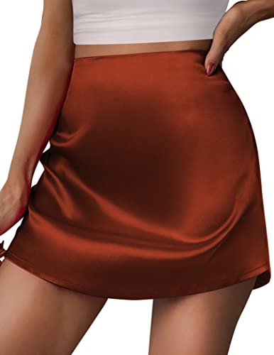 Zeagoo Women's Mini Skirts Casual High Waisted Stain Silk A-Line Zipper Summer Short Skirt Party Skirts,Caramel,XS