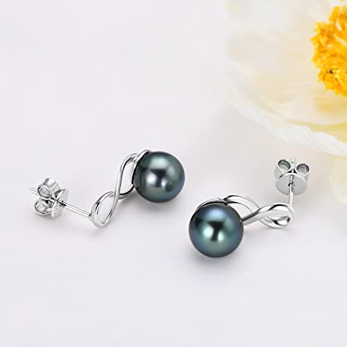 Tahitian Black Pearl Stud Earrings for Women, 925 Sterling Silver Dainty Infinity Pearl Drop Earrings Anniversary Birthday Jewelry Gift for Wife Mom4
