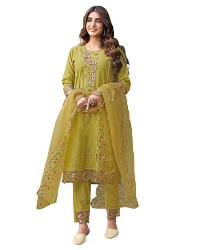 Image of SIRIL Women's Rayon Viscose Sequence Embroidery Work Straight Kurta Pant with Dupatta Set