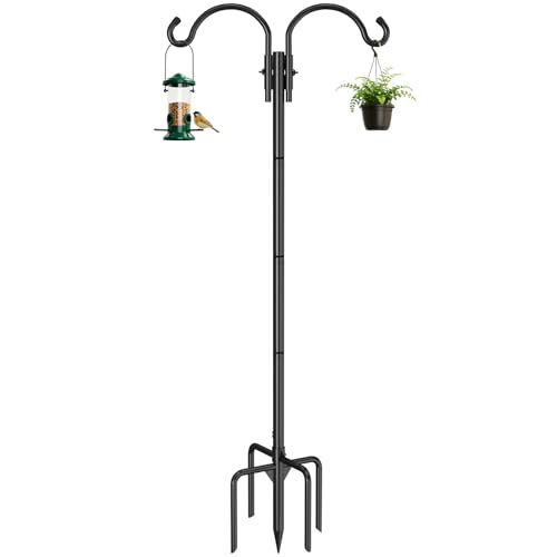 Image of GOFORWILD 1 Pack 76inch Adjustable Double Shepherds Hook for Outdoor | Metal Bird Feeder Pole with 5-Prong Base for Hanging Bird Nest, Plant Basket,Lantern,Solar Light