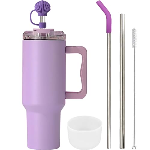 FloweryOcean 1200ml 40oz Taza de café de viaje, Vaso Termo con Pajita, Taza Termica de vacío de acero inoxidable de doble capa, Taza de coche con asa, Termo Cafe para beber caliente y frío, Morado