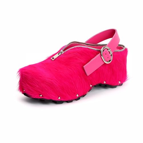 Image of XOBZJH Women's Natural Cow Print Fur Platform Clogs with Decorative Zipper & Adjustable Buckle Strap - Western Slip-On Punk Rivet Mules with Arch Support, Chunky Retro Rustic Style