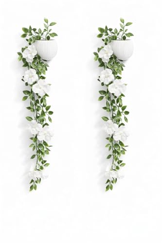 Image of Blessence Set of 2 Artificial Flower Creeper Hanging with Pot 99 cm, Ivy Vine Garland with Small Size Pot for Home Office Wall Shelf Table Living Room Decor (Green and White)