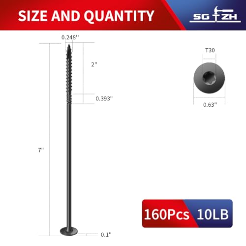 Image of #14 x 7 Inch Outdoor Structural Wood Deck Screws (160Pcs /10lb), Carbon Steel, Black, Flat Head, Rust Resistant Epoxy Coated, T30 Star Bit