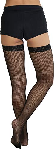 Image of ToBeInStyle Women's Wide Floral Lace Fishnet Thigh Hi Stockings