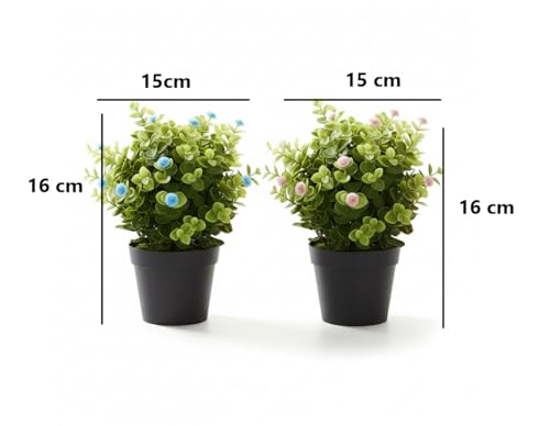Image of Artificial Eucalyptus Potted Plants - Set of 2 Faux Greenery with Baby Breath Blue & Pink Flowers | Small Decorative Plants for Home, Office, Table & Gift
