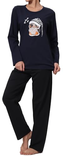 In One Clothing - Mädchen Schlafanzug lang, weicher Single-Jersey aus 100% Baumwolle - mit Motiv Eule mit Schlafmütze in Nachtblau Grösse 164