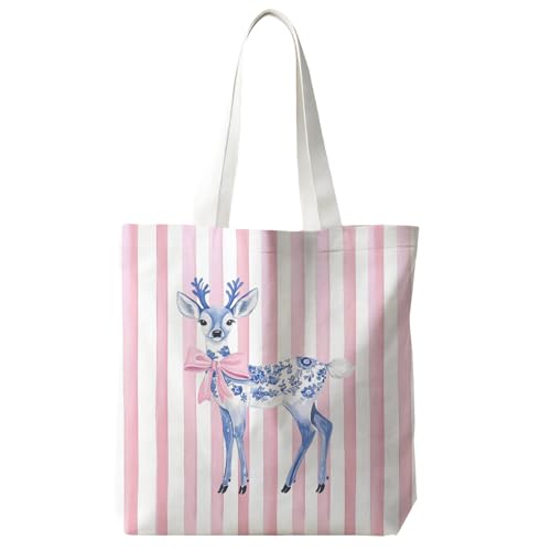 JINYO Blue Chinoiserie Christmas Deer Tote Bag Grandmillennial Christmas Canvas Tote Bag Gifts for Women Coquette Pink Bow Xmas Holiday Gift Bags Party Favors Striped Reusable Grocery Shopping Bags