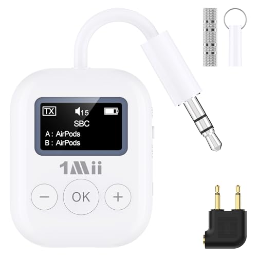 1Mii Airplane Bluetooth 5.3 Transmitter for All Headphones - Bluetooth Adapter for TV - Dual Connection - aptX Low Latency - Flying Travel, Wireless Audio Aux for MP3,Game,PC-White