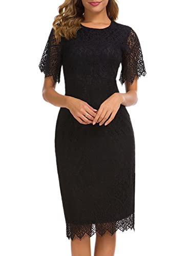 Sheath Dresses for Womens Wedding Guest Elegant Floral Lace Round Neck Short Sleeves Cocktail Bodycon Dress 931 (M, Black)