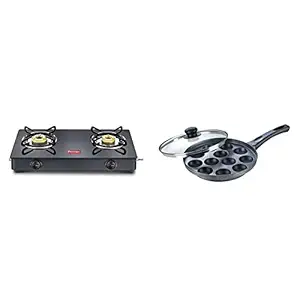 Prestige Magic Brass Glass Top 2 Burner Gas Stove, Manual Ignition, Prestige Omega Select Plus Non-Stick Paniyarakkal with Lid Gas Top Compatible only (240 mm, Black)