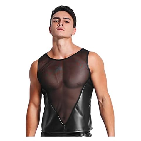 Men's Sexy Black Patent Leather Latex Lace Mesh Splicing Sleeveless Tops Shirt Waistcoats Vest Nightclub Bar Clubwear (L) Cover