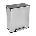 Amazon Basics Dual Compartment Recycling Trash Can with Soft-Close Lid and Removable Liner Buckets, 60 Liters, Rectangular, Grey, Silver