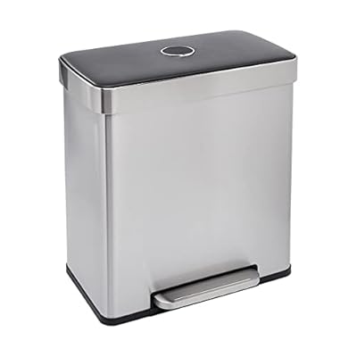 Amazon Basics Dual Compartment Recycling Trash Can with Soft-Close Lid and Removable Liner Buckets, 60 Liters, Rectangular, Grey, Silver
