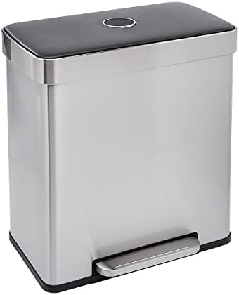 Amazon Basics Dual Compartment Recycling Trash Can with Soft-Close Lid and Removable Liner Buckets, 60 Liters, Rectangular, Grey, Silver