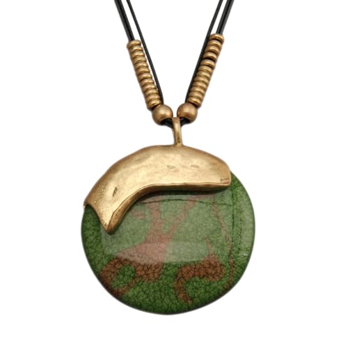 GelConnie Leather Necklace for Women Large Pendant Long Brown Necklace Circle Leather Choker Vintage Sweater Necklace Gold Chunky Boho Necklaces for Women