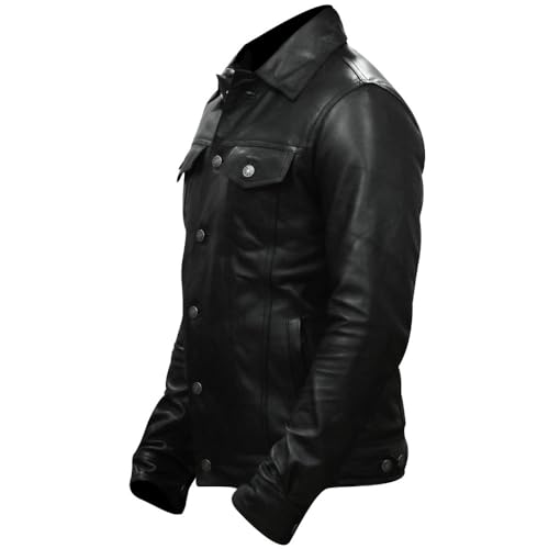 Image of Men's Genuine Leather Trucker Jacket Vintage Motorcycle Black Western Biker Slim Fit Trucker Jacket