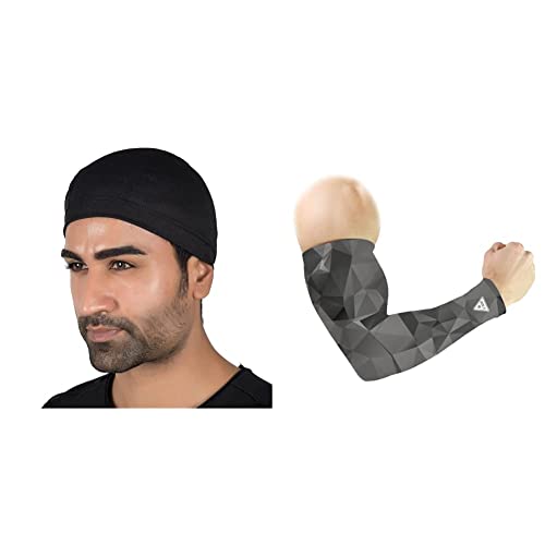 Image of Le Gear Dri-Fit Helmet Skull Cap (Black) Orgami Polygon Arm Sleeves (Grey, Free Size)