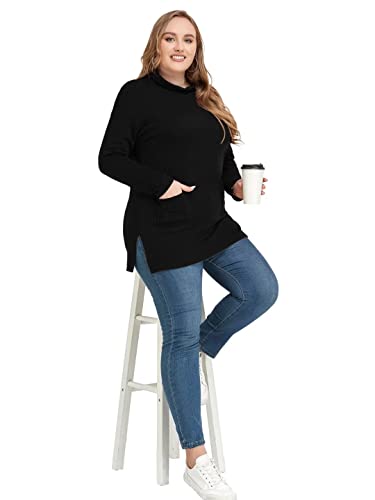 Larace Women Turtleneck Knit Sweater Plus Size Side Split Pullover Tops With Pockets Long Sleeve Tunic Shirts(F-Black 3X) #TOP4