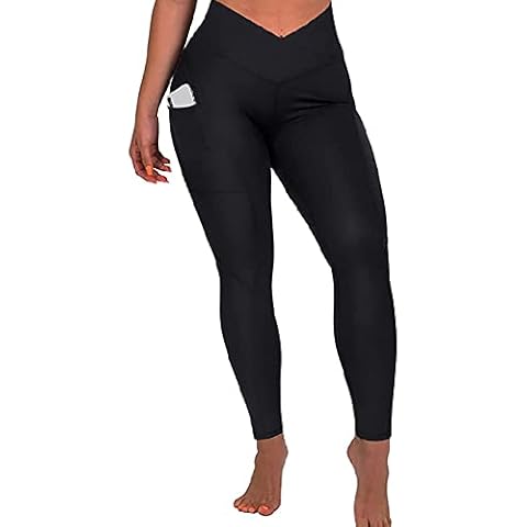 FDEETY Women's Cross Waist Yoga Leggings with Pockets High Waisted Sports Gym Workout Running Pants Black Cover