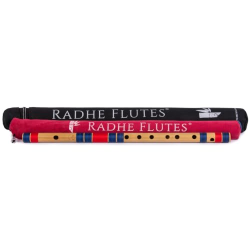 Image of Radhe Flutes Bamboo Bansuri C Sharp Right Handed Middle Octave (18 inch) With Hard Cover (Beige Flute With Dark Blue & Red Threads)