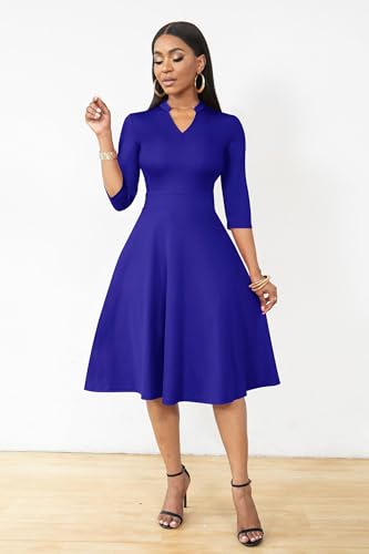 AOMONI Church Dresses for Women 3/4 Sleeve Fit and Flare Church Dress Knee Length Midi Dresses Blue3
